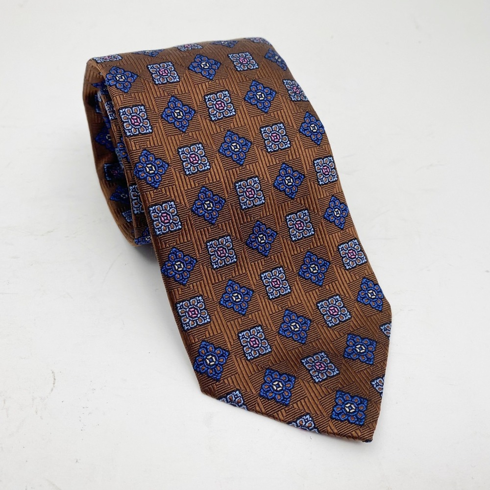 David Donahue Geometric Medallion Silk Woven Italy Tie Mens One Size Brown Blue